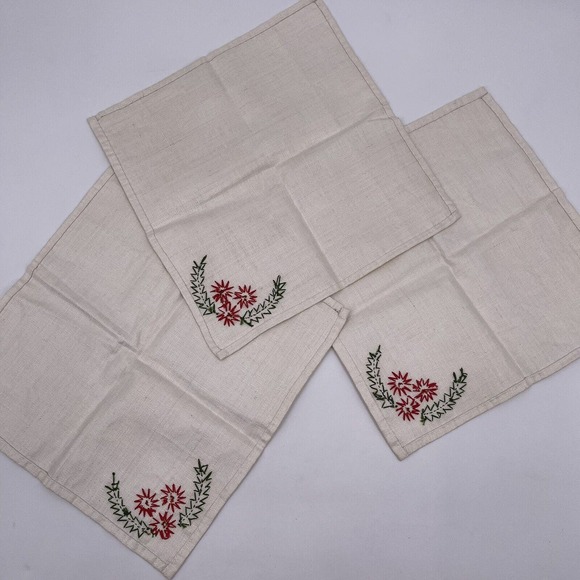 Set of 3 Handmade Hand Sewn Fabric Napkins Embroidered Corner Floral Flower - Picture 6 of 6